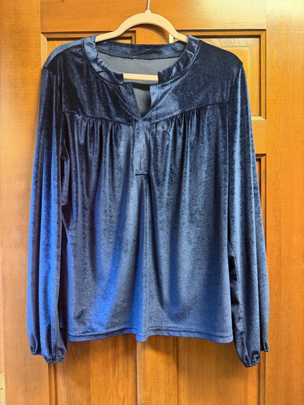 Women's Navy Velvet Long-Sleeve Peasant Top